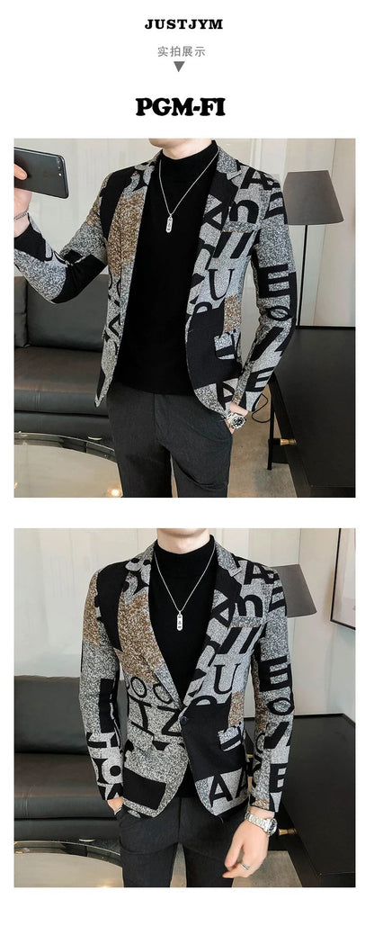 Men's New Suit Jacket Autumn and Winter Men's Letter Printed Suit Jacket Slim Lapel Comfortable Suit Jacket Fashion Woolenjacket