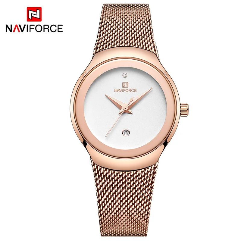 NAVIFORCE Luxury Green Analog Date Quartz Fashion Ladies Watches Mesh Steel Strap Waterproof Business Women Wristwatch Clocks