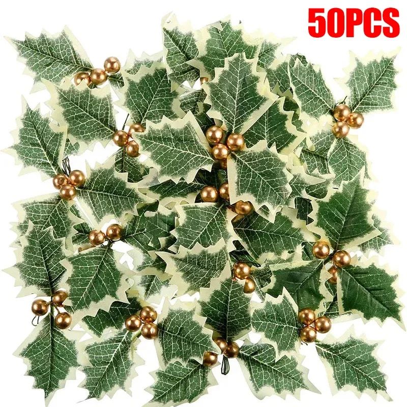 5-100Pcs Artificial Holly Berry Green Leaves Christmas Ornaments Gold Red Holly Berry Stems Xmas Tree Wreath Gifts Party Decor