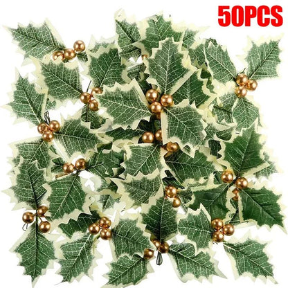 5-100Pcs Artificial Holly Berry Green Leaves Christmas Ornaments Gold Red Holly Berry Stems Xmas Tree Wreath Gifts Party Decor