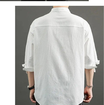 Casual Linen Cotton Shirt Men's Loose Sleeveless Top Chinese Style Autumn Outerwear Comfortable Breathable Men's Casual Shirt