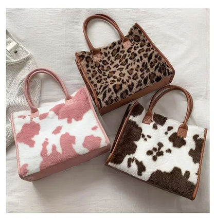 New Women Soft Plush Hand Bag New Winter Leopard Cow Print Tote Bags Female Pu Leather Underarm Bags Furry Fluffy Shoulder Bag