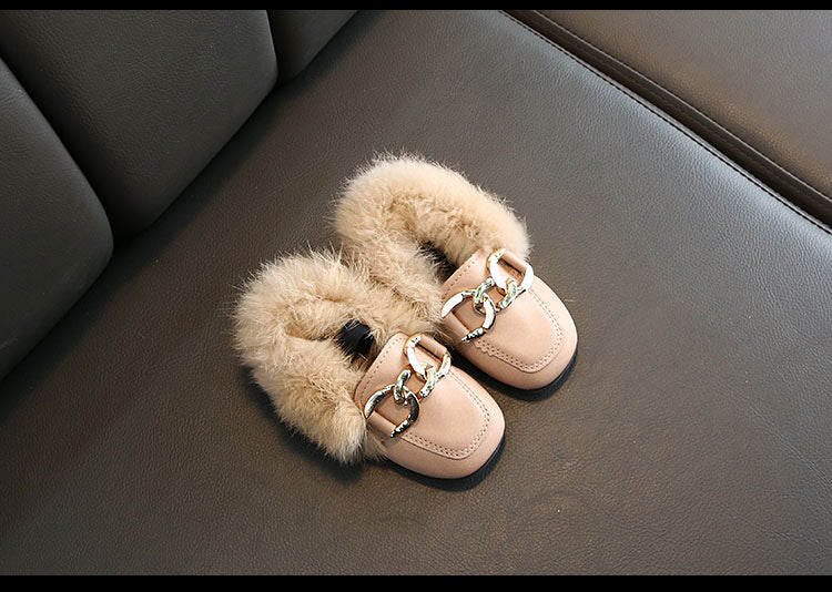 Kids Fur Shoes Children Velvet Shoes Baby Girls Warm Flats Toddler Black Brand Shoes Princess Loafer Chain Moccasin For Winter