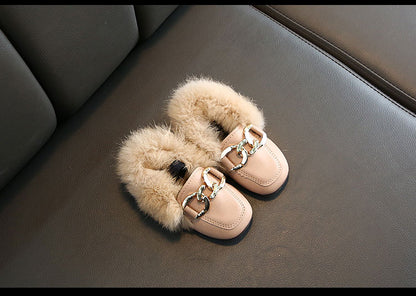 Kids Fur Shoes Children Velvet Shoes Baby Girls Warm Flats Toddler Black Brand Shoes Princess Loafer Chain Moccasin For Winter
