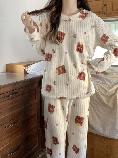 Autumn and Winter Coral Fleece Pajamas Set for Women Warm Lined  Loungewear Cozy Home Sleepwear Christmas Gift