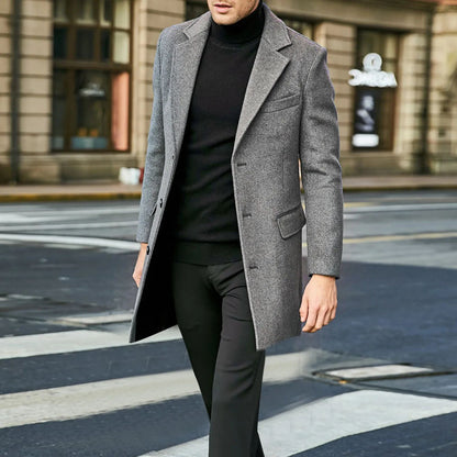 Men's British-style Woolen Overcoat in Korean Version, Fashionable Single-breasted, Mid-to-long Style Coat for Autumn and Winter