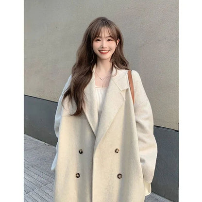 Winter Long Pink Woolen Coat French Hepburn Style Loose Casual Slimming Knee-Length Tweed Outerwear Women's Fashion