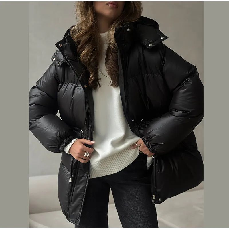 Glossy Shiny Women 's Down Jackets Vintage Hooded Zipper Puffer Full Sleeve Jackets For Woman 2025 Woman Winter Coats Outwears