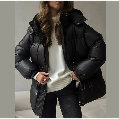 Glossy Shiny Women 's Down Jackets Vintage Hooded Zipper Puffer Full Sleeve Jackets For Woman 2025 Woman Winter Coats Outwears