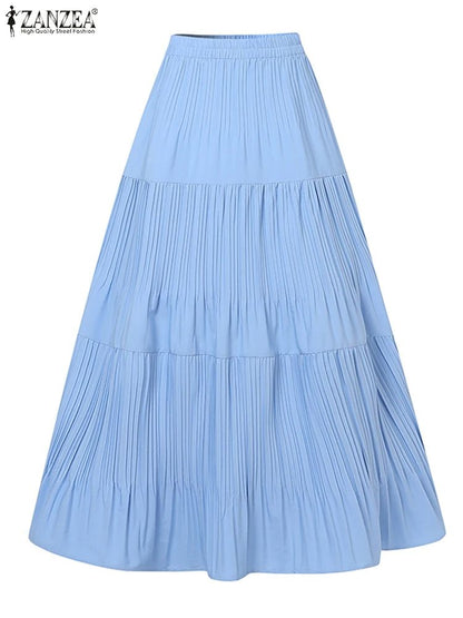 ZANZEA Plus Size 5XL Women Maxi Skirts 2025 Autumn Elastic Waist Pleated Long Skirt Casual Solid Color High Waist Ruffled Skirts