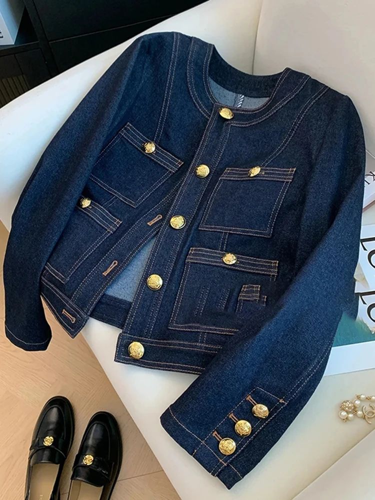 Blue Denim Top Women Autumn Classic Style Short Coat New Korean Fashion  Chic Pockets O-Neck Female Ropa De Mujer Loose Jackets