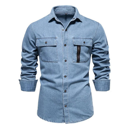 New Autumn 100% Cotton Men's Denim Shirts Solid Color Long Sleeve Cowboy Jean T-Shirt Coat Fashion Casual Fit Shirts for Men