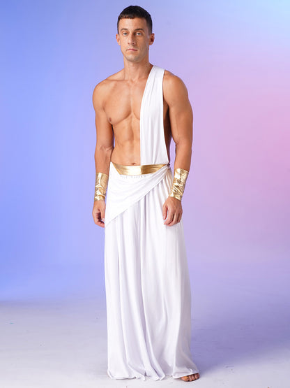 Mens Ancient Greek God Toga Gladiator Costume Roman Emperor One Shoulder Sleeveless Robe Halloween Medieval Warrior Dress Up
