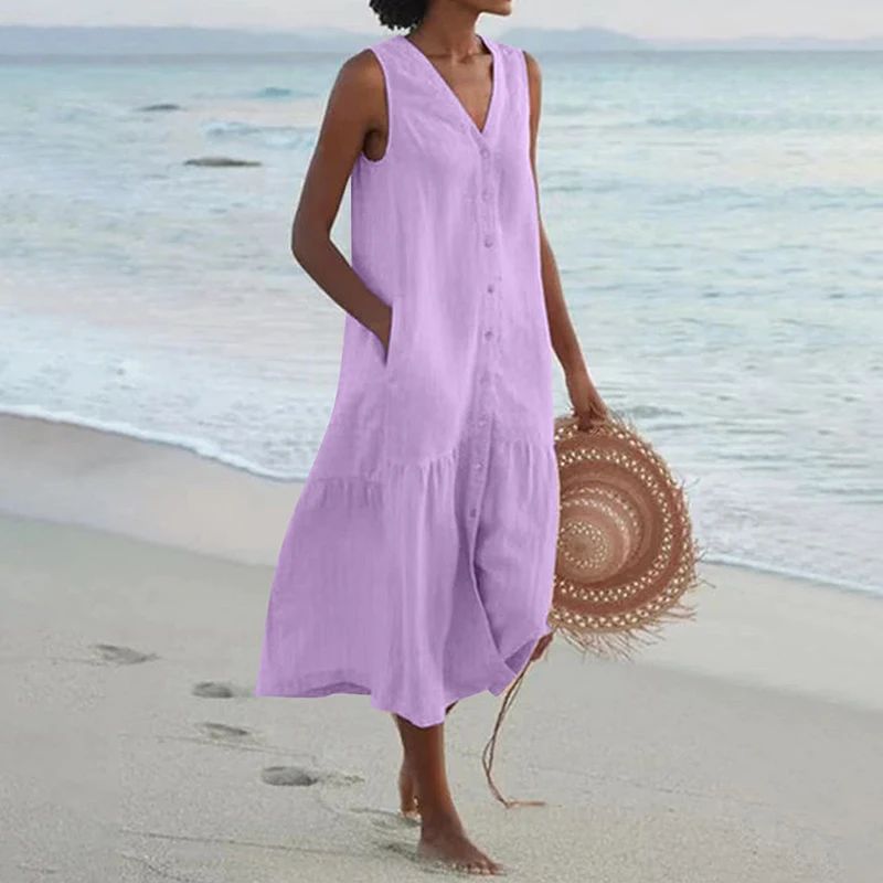 Summer Loose Casual Patchwork Cotton Linen Pocktes Dress V Neck Beach Style Dres