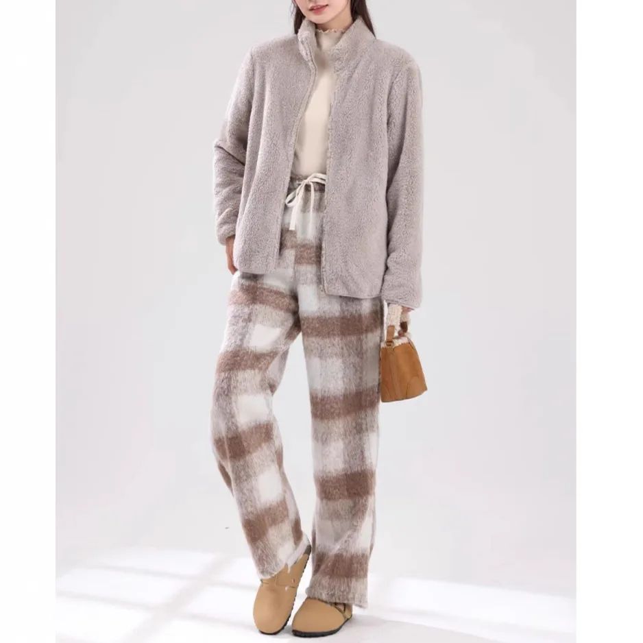 Women's Double-Sided Fleece Jacket Grey Warm Stand-Collar Thick Winter Outerwear Trendy Sweatshirt Style Casual Loose Fit