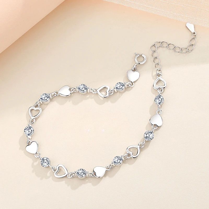 Pulseira Coração Prata 925 Esterlina Feminina Retro Coreana Versátil Zircônia Charme Pulseiras Original Festa Joias Presentes