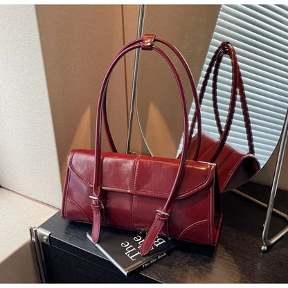 High End Burgundy Oil Wax Leather Underarm Bag Elegant Women's Magnetic Buckle Shoulder Bag Commuter Versatile Ladies Tote Bags