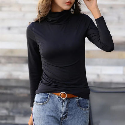 Women Thermal Underwear Winter Turtleneck Bottom Shirt Solid Semi High Collar Long Sleeve Basic T-Shirt Heating Fiber Pullovers