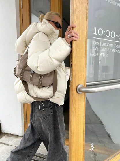 Detachable Hooded Padded Jackets Women's Loose Full Sleeves Zipper Pockets Stand Collar Coats 2025 Autumn Winter Female Outwear