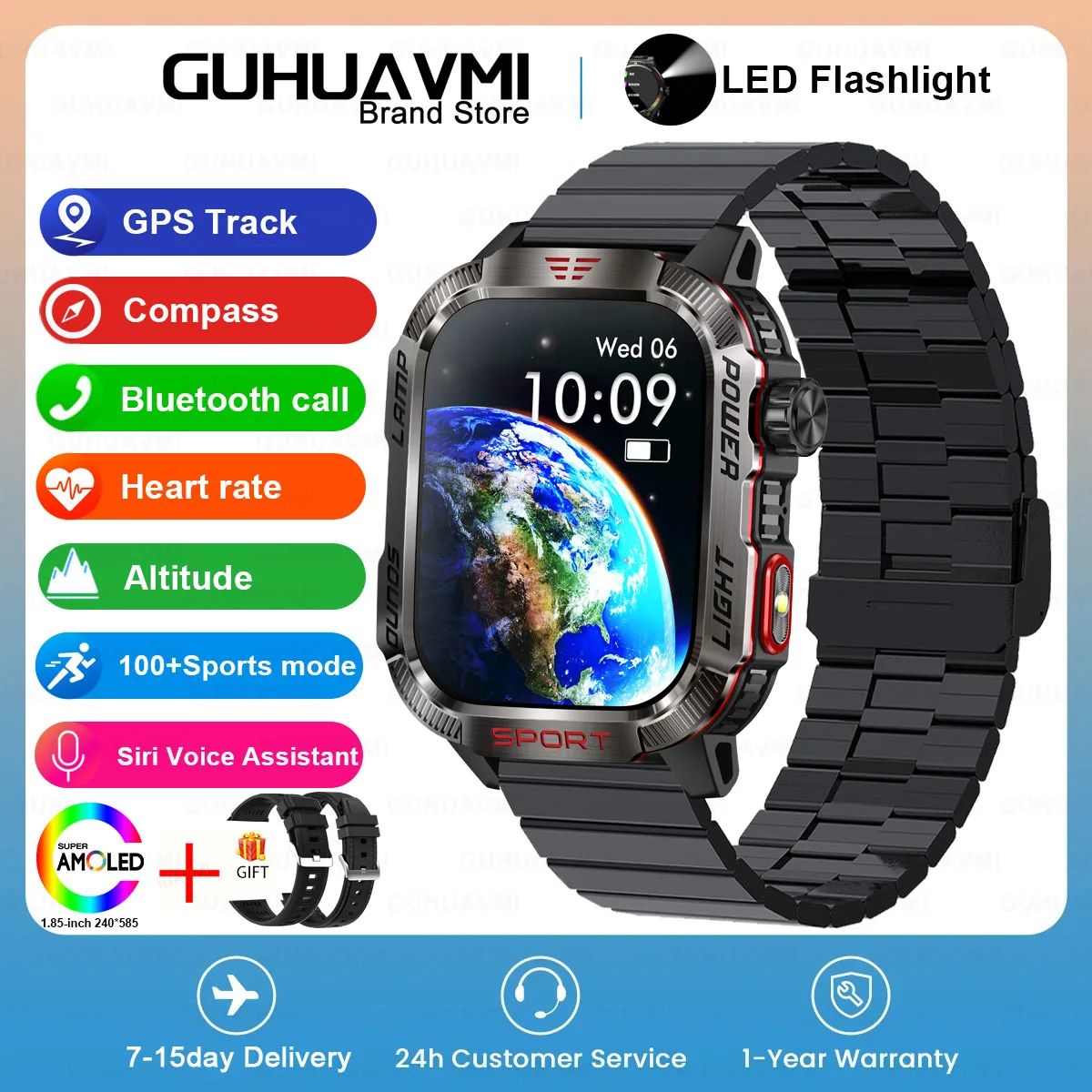 Novo relógio inteligente masculino para ambientes externos de 2,01 polegadas, à prova d'água 3ATM, bateria de 600mAh, bússola, lanterna LED, chamada Bluetooth, Smartwatch para Xiaomi