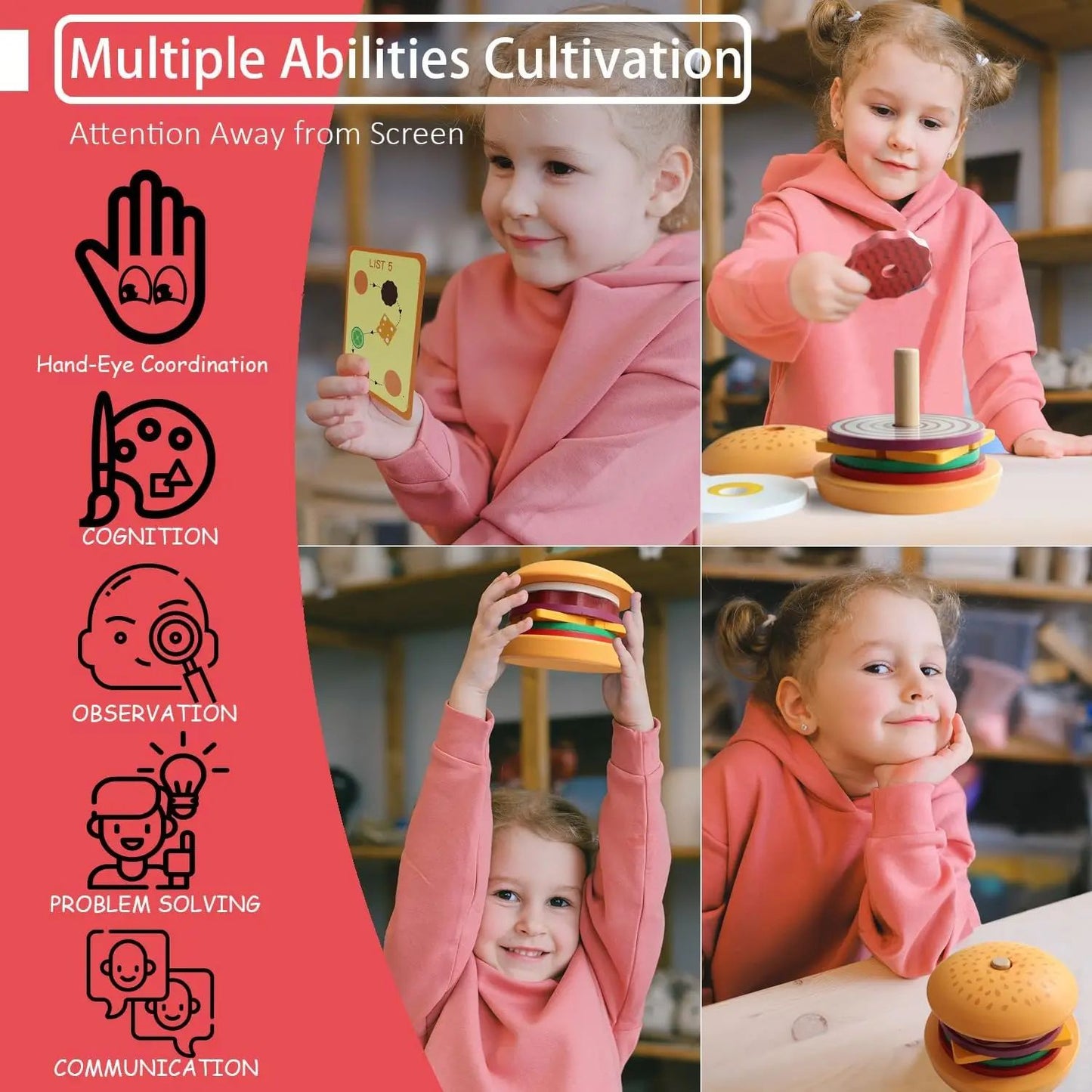 Wooden Burger Sandwich Stacking Toys For Toddler Kids Preschool Learning Educational Toys Pretend Play Food Kitchen Toys Gifts