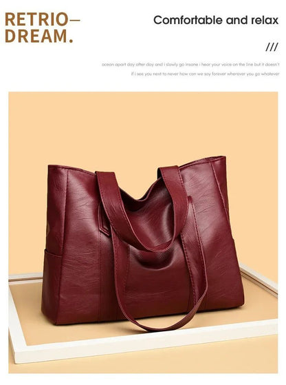 Female Big Soft Leather Satchel Bag Classic Solid Color Simple Casual Large Capacity Tote Single Shoulder Bag Purses and Handbag