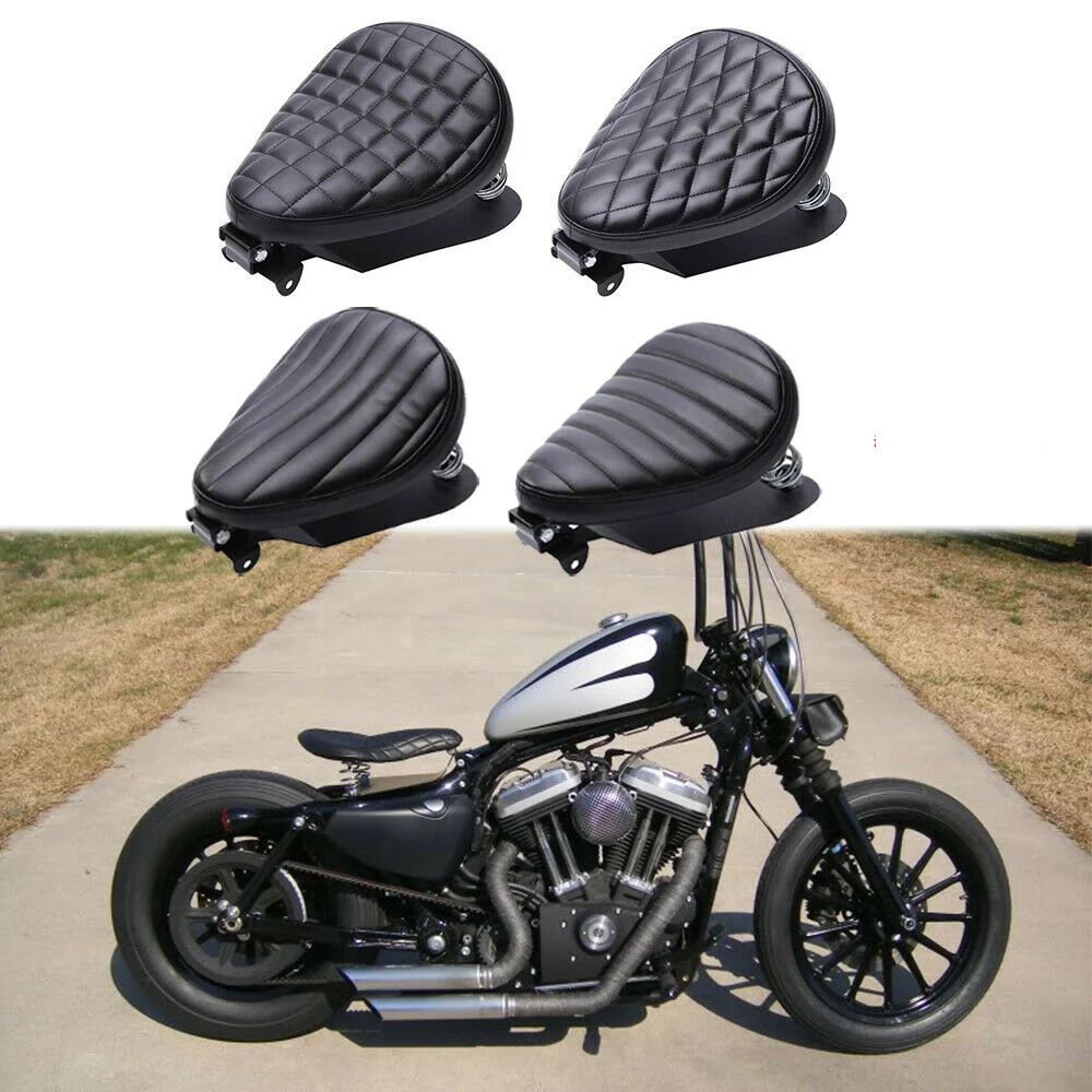 1 CONJUNTO de Assento Solo de Couro Retrô para Moto com Suporte de Mola de 3" para Harley Custom Chopper Sportster Bobber Honda Yamaha Kawasaki