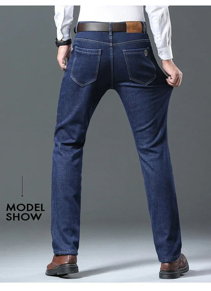 Calça Jeans Masculina de Inverno Forrada de Lã Grossa Sherpa Casual de Negócios Veludo Reta Masculina de Lã Pelúcia Clássica Elástica