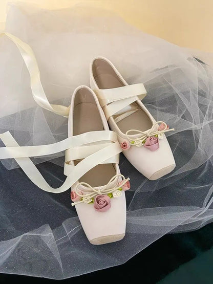 Women Flats Bow Marie Janes Shoes  New Lolita Dress Square Toe Shoes Designer Walking Sandals Female Elegant Zapatos