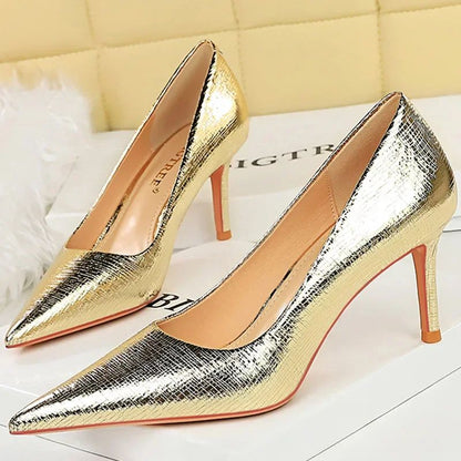 Spring Autumn New Women 7cm High Heels Fashion Retro Holiday Party Pumps Lady Gold Silver Daily Office Pointed Toe Low Heels