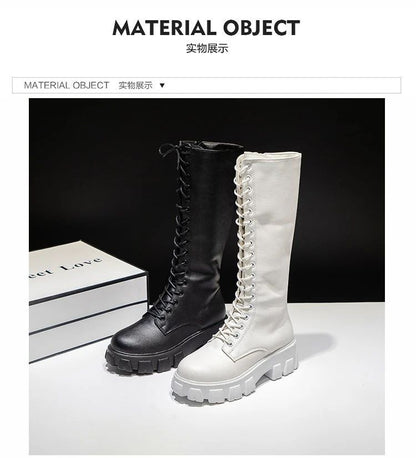 Women's Mid Calf Boots Padded Shoes Knee High Winter Sneakers Punk Style Military Casual White Black 2024 Lucury Platform Woman
