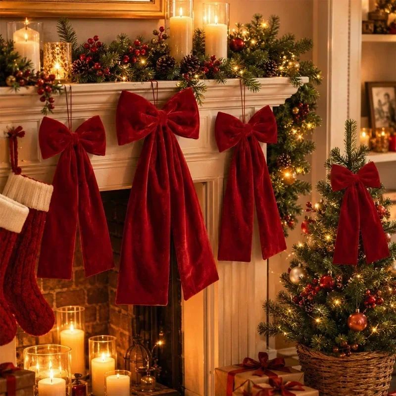 Large Size Bowknot Pendant Hanging Xmas Ornament DIY Home Party Christmas Tree Decorations Velvet Bow Burgundy Style Supplies