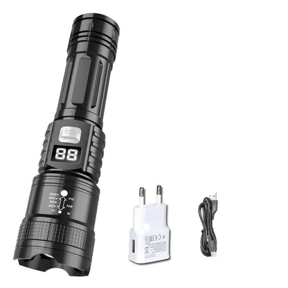 Lanterna LED de alta potência, recarregável via USB, com bateria embutida, super brilhante, para emergências e acampamento ao ar livre