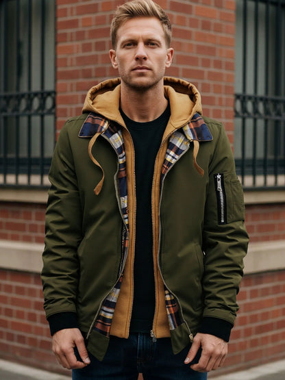 Jaqueta masculina de moletom com capuz outono inverno casual cor sólida falsa de duas peças com zíper e manga comprida quente