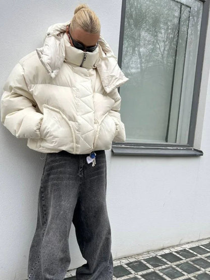 Detachable Hooded Padded Jackets Women's Loose Full Sleeves Zipper Pockets Stand Collar Coats 2025 Autumn Winter Female Outwear