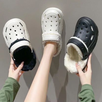 Plush slippers 2025 new winter men's and women's thick high heels soft-soled beach garden shoes home plush ripped slippers