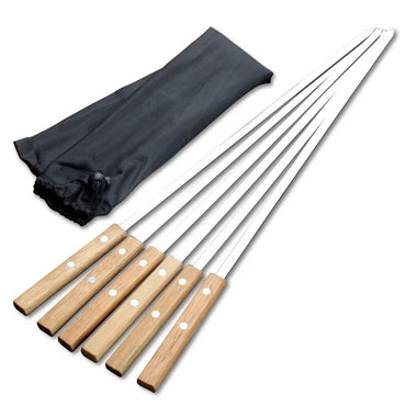 6Pcs/Set Barbecue Meat String Skewer Chunks of Meat Stainless Steel Natural Beech Handle Roast Stick for BBQ Outdoor Picnic