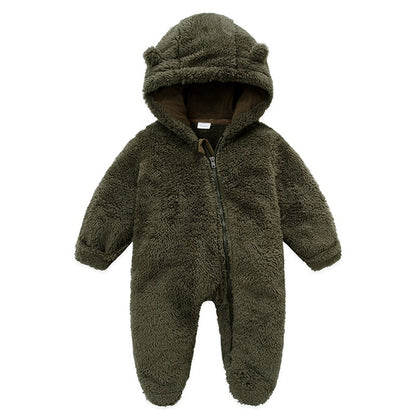 0-12M Baby Plush Warm Jumpsuits Boys Girls Long Sleeve Hooded Zipper Romper Newborn Infant Fall Winter Clothes