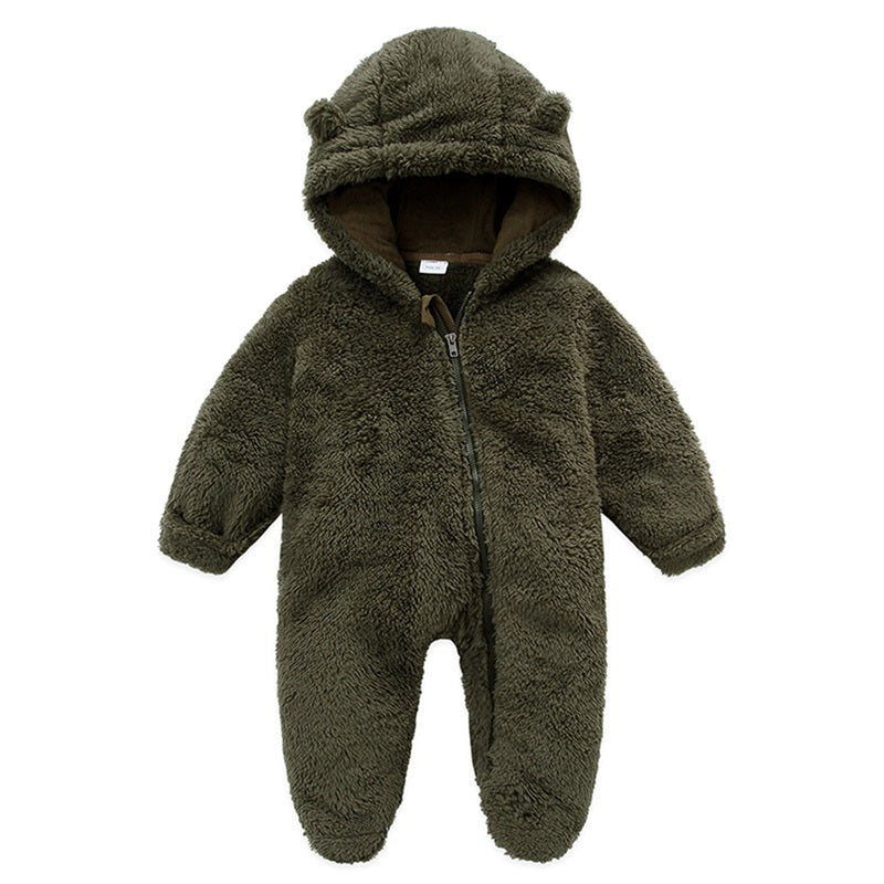 0-12M Baby Plush Warm Jumpsuits Boys Girls Long Sleeve Hooded Zipper Romper Newborn Infant Fall Winter Clothes