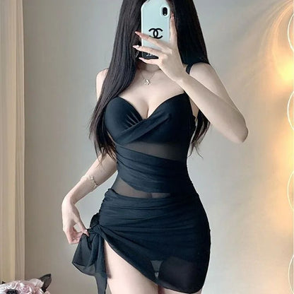 Sexy One-Piece Swimsuit Women Summer Hot Spring Conservative Personality Retro Cover-Up Slimming Solid Color Beach Gathered Swim