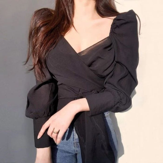 2023 Design Long Sleeve Shirt Women's V-neck Pleated Waist Top Blusas Clothes for Women Tops Shirts Blouses