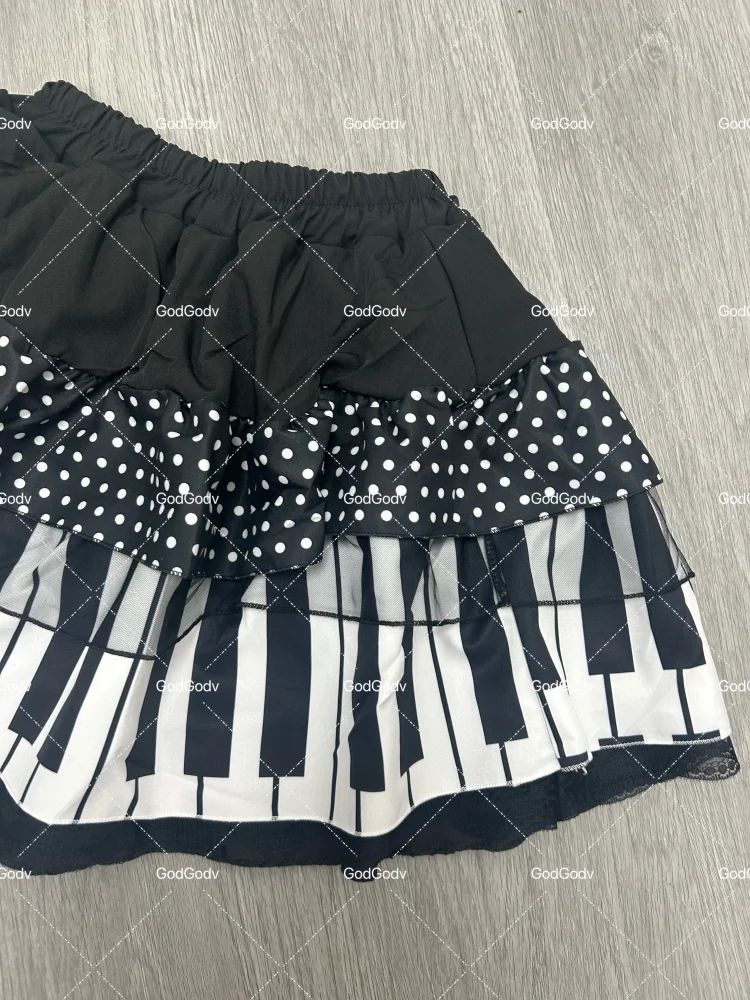 2000s Aesthetic Elegant Women Piano Skirt Stripe Design Y2k Slim Mini Skirt Female Black White Spliced Korea Style Chic Outfits