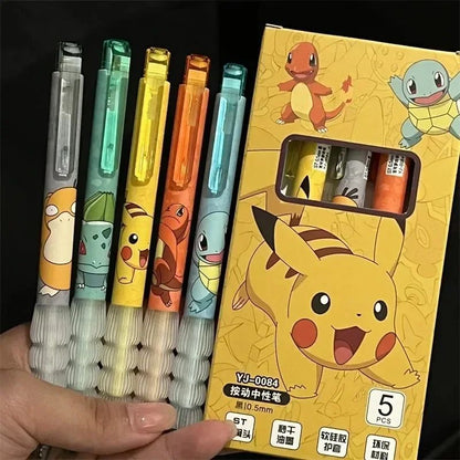 Conjunto de Canetas Pokémon com 5 Peças Pikachu Squirtle Charmander, Caneta Gel Retrátil Fofa de Anime para Escola Material de Escritório Presente para Crianças