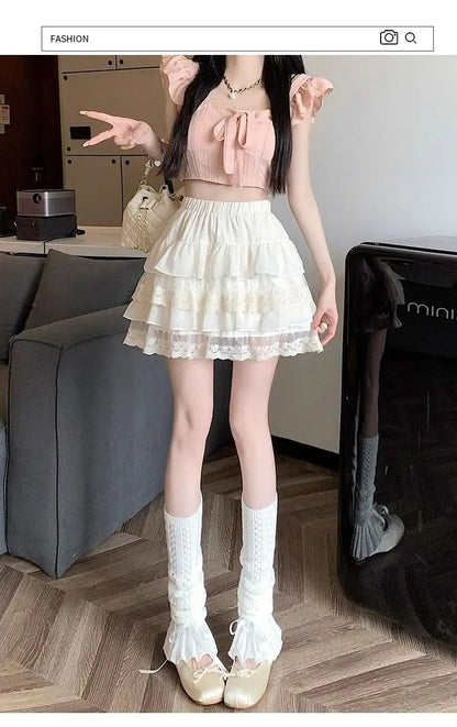 JOEVILU White Tutu Skirt A-line Elastic High Waist Mini Skirts Short Lace Cake Skirt Thin Summer Korean Fashion Goth Y2k Clothes