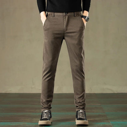 2024 Primavera Novas Calças Casuais Masculinas Marca de Roupas Negócios Cintura Elástica Grossa Clássica Slim Calça Masculina Preto Cinza Marrom