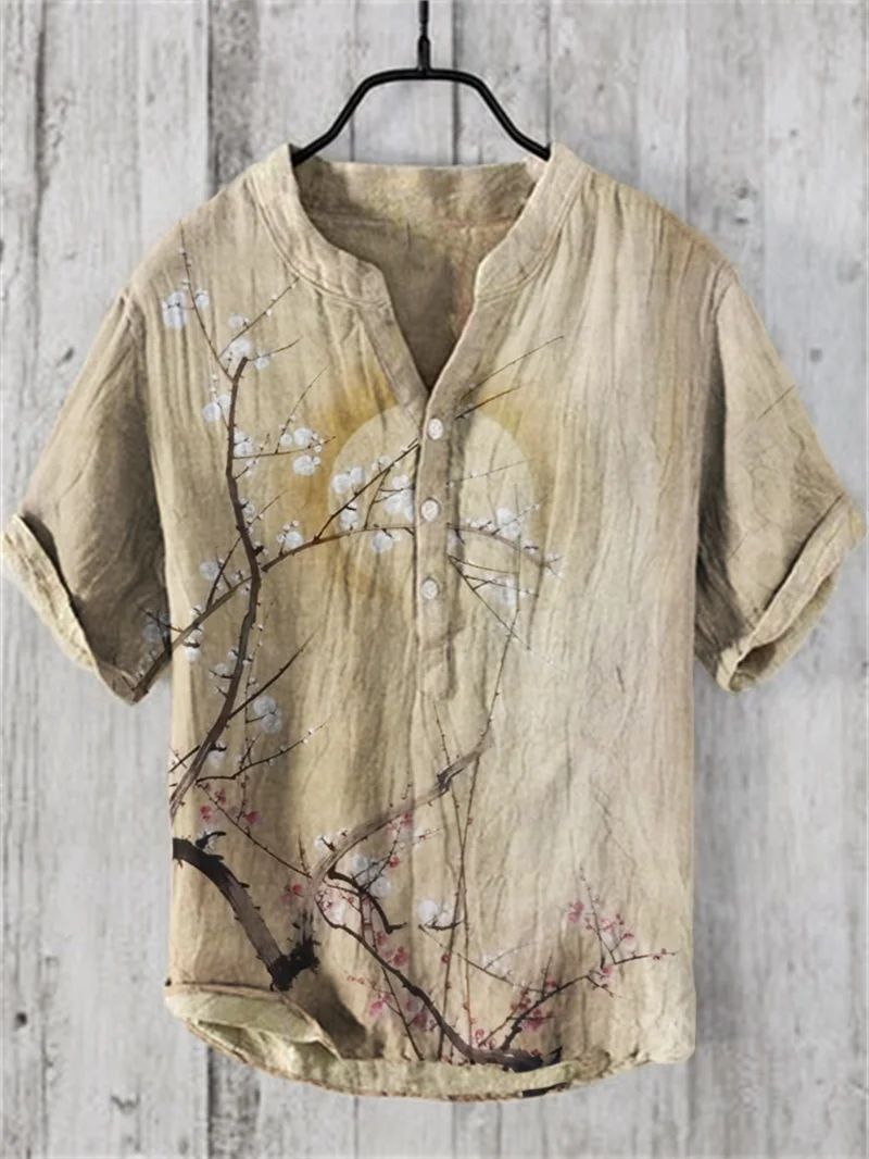 Fashion men's V-neck shirt T-shirt Hawaiian men's printed linen short-sleeved button-down shirt seaside holiday casual shirt