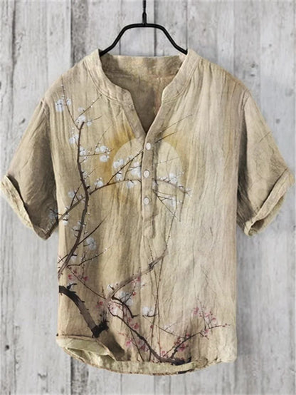 Fashion men's V-neck shirt T-shirt Hawaiian men's printed linen short-sleeved button-down shirt seaside holiday casual shirt