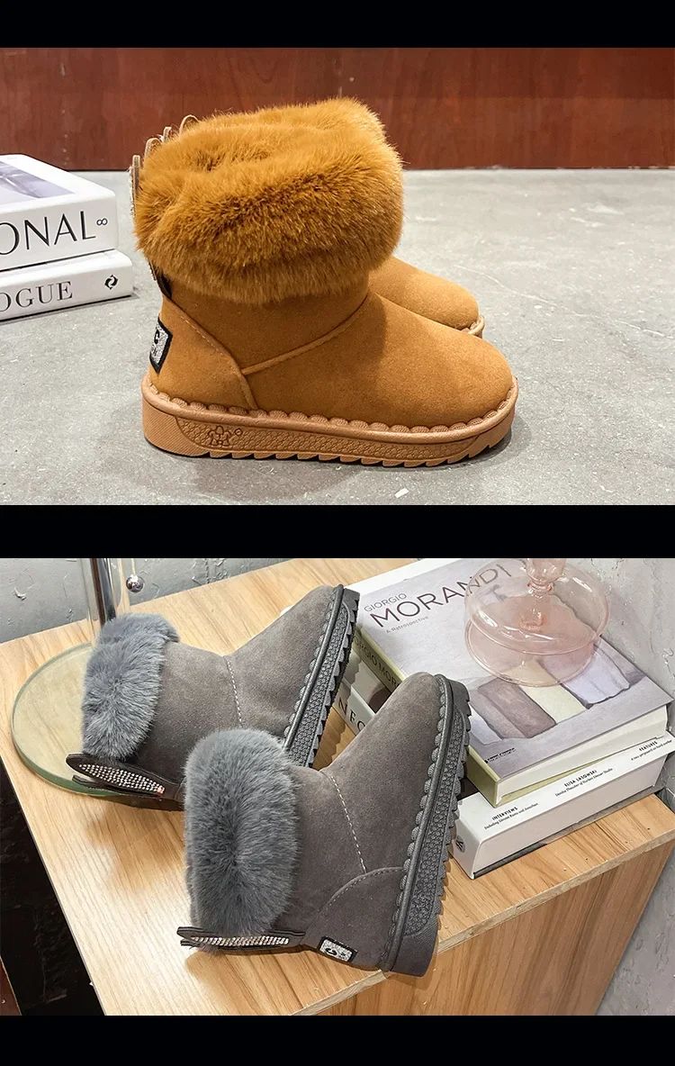Kids Genuine Cowhide Snow Boots Winter Baby Soft Warm Cotton Shoes with Plush Boys Girls One Fur Suede Boots Princess Retro Boot