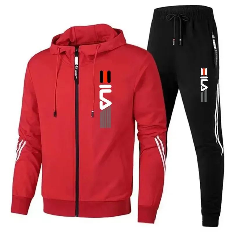 New striped men's autumn and winter jogging fitness set, casual sportswear set, 2-piece zippered sweatshirt + sweatpants set