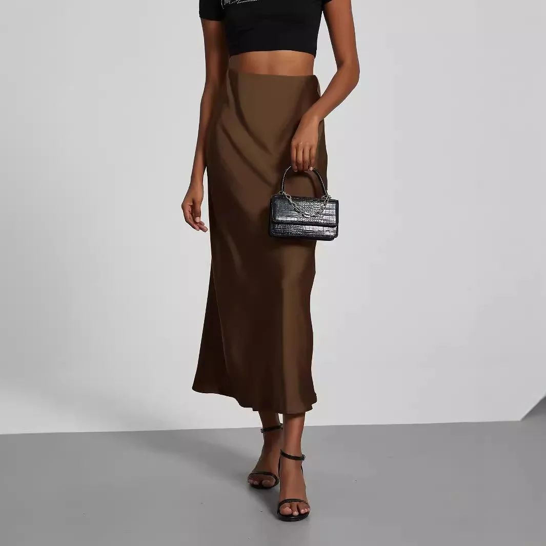 Elegant Fashionable European Style Women's Midi Skirt With Satin Texture Versatile Solid Color Bright Light Sensation Long Dress